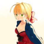  1girl :o ahoge bangs blazer blonde_hair blue_bow bow braid breasts cleavage dress fate/extra fate_(series) french_braid green_eyes hair_bow hair_intakes jacket medium_breasts munuko open_blazer open_clothes open_jacket open_mouth red_dress saber_extra sidelocks solo upper_body 