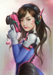  1girl animal_print artist_name asian bangs bodysuit breasts brown_eyes brown_hair bunny_print charm_(object) d.va_(overwatch) facepaint facial_mark finger_on_trigger from_side gloves gun handgun headphones high_collar highres holding holding_gun holding_weapon long_hair looking_at_viewer looking_to_the_side medium_breasts overwatch pilot_suit pink_background pink_lips pistol realistic ribbed_bodysuit shoulder_pads signature skin_tight solo striped swept_bangs upper_body vania_marita vertical-striped_background vertical_stripes weapon whisker_markings white_gloves 