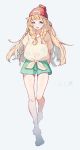 1girl :o bangs beanie blonde_hair blunt_bangs blush braid character_name cosplay floral_print full_body green_eyes green_shorts hat lillie_(pokemon) long_hair open_mouth oversized_clothes pokemon pokemon_(game) pokemon_sm shirt short_sleeves shorts solo tied_shirt twin_braids yuno_tsuitta 