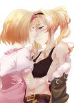  2girls bare_shoulders belt blonde_hair blue_eyes breasts cleavage closed_eyes commentary_request cover cover_page djeeta_(granblue_fantasy) granblue_fantasy hairband hatamichi_(ichibata5656) incipient_kiss long_hair midriff multiple_girls off_shoulder pink_shirt shirt short_hair short_sleeves translation_request twintails yuri zeta_(granblue_fantasy) 