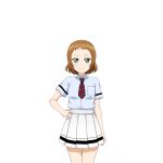  1girl artist_request bangs breasts brown_hair green_eyes hand_on_hip kira_tsubasa looking_at_viewer love_live! love_live!_school_idol_festival love_live!_school_idol_project necktie official_art pleated_skirt school_uniform short_hair short_sleeves skirt small_breasts smile solo striped striped_necktie uniform utx_school_uniform 