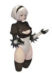  1girl breasts cleavage cleavage_cutout feather-trimmed_sleeves hairband highres leotard nandade9 nier_(series) nier_automata parted_lips short_hair silver_hair simple_background solo thigh-highs upper_body yorha_no._2_type_b 