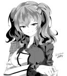  10s 1girl blush breast_pocket dated eyebrows_visible_through_hair gloves greyscale kantai_collection kashima_(kantai_collection) long_sleeves looking_at_viewer monochrome neko_(yanshoujie) pocket short_hair short_twintails signature smile solo twintails twitter_username upper_body 