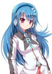  1girl belt blue_hair blush eyebrows_visible_through_hair headphones long_hair long_sleeves looking_at_viewer original pink_eyes rayhwang smile solo upper_body 