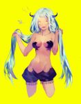  1girl aqua_hair breasts cropped_legs fang forehead hands_up long_hair looking_at_viewer medium_breasts open_mouth original puffy_shorts revealing_clothes shorts simple_background smile solo twintails yamakawa yellow_background yellow_eyes 
