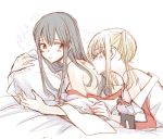  10s 2girls akagi_(kantai_collection) bare_shoulders black_hair blonde_hair blush bra breasts closed_eyes commentary_request eyebrows_visible_through_hair graf_zeppelin_(kantai_collection) hair_between_eyes heart japanese_clothes kantai_collection kimono kiss long_hair long_sleeves multiple_girls pillow pillow_hug sanpatisiki sidelocks simple_background straight_hair sweatdrop tareme twintails underwear white_background yuri 