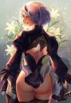  1girl arms_at_sides ass back_cutout black_dress black_gloves black_hairband black_legwear closed_eyes dress flower from_behind gloves grey_leotard hairband holding holding_sword holding_weapon juliet_sleeves lily_(flower) lips long_sleeves looking_to_the_side nier_(series) nier_automata no_blindfold nose parted_lips puffy_sleeves short_hair silver_hair solo standing sword thigh-highs vambraces weapon white_flower yang_fan yorha_no._2_type_b 