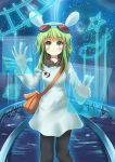  1girl bag blush eyebrows_visible_through_hair goggles goggles_on_head green_eyes green_hair gumi handbag highres looking_at_viewer night night_sky rayhwang sky smile solo star star-shaped_pupils star_(sky) starry_sky symbol-shaped_pupils vocaloid 