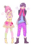  1boy 1girl boots brown_boots cable female fingerless_gloves gloves hands_on_own_cheeks hands_on_own_face high_heel_boots high_heels jacket jewelry kamen_rider kamen_rider_ex-aid_(series) male necklace open_mouth parad pendant pink_eyes pink_hair pink_skirt poppi_pipopapo purple_hair rin2010 round_teeth skirt sleeves_past_wrists smile teeth thigh-highs yellow_boots yellow_gloves zettai_ryouiki 
