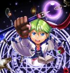  1boy animal_skull bandaid bandaid_on_cheek bandaid_on_nose blue_eyes book coat eyebrows_visible_through_hair from_above gloves green_hair jewelry looking_up magic male_focus necklace open_mouth original satou_(satohstc) solo staff 