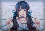  1girl artist_name bingbing black_hair blue_eyes blue_ribbon blush choker collarbone double_v eyebrows_visible_through_hair hair_ribbon highres long_hair looking_at_viewer open_mouth original ribbon smile solo teeth twintails upper_body v 