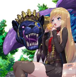  1girl bangs belt bench blonde_hair blue_eyes breasts brown_legwear brown_skirt bush cleavage_cutout commentary_request crown day drooling eating eyepatch fangs feathered_wings food frills glowing glowing_eyes hairband hands_up holding holding_food kamiyugi_ayase licking_lips long_hair long_sleeves looking_at_another medium_breasts miniskirt monster necktie one_eye_covered open_mouth outdoors purple_wings red_necktie saliva shirt sitting sitting_on_bench skindentation skirt solo swept_bangs teeth thigh-highs tongue tongue_out tree turtleneck washi_no_tosaka white_background wings yellow_hairband z/x 