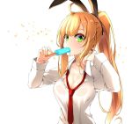  1girl ahoge blonde_hair breasts character_request cleavage collarbone copyright_request food green_eyes healther highres hot long_hair looking_at_viewer medium_breasts necktie ponytail popsicle red_necktie shirt simple_background solo sweat upper_body very_long_hair white_background white_shirt 