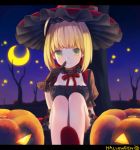  1girl ahoge bangs black_gloves blush closed_mouth crescent_moon fate/extra fate_(series) finger_to_mouth frills gloves halloween hand_up hat jack-o&#039;-lantern legs_together letterboxed looking_at_viewer moon munuko nero_claudius_(fate)_(all) night outdoors puffy_short_sleeves puffy_sleeves saber_extra short_hair_with_long_locks short_sleeves sidelocks sitting smile solo witch_hat 