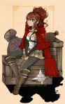  1girl anna_(fire_emblem) boots brown_eyes brown_hair cloak crate fire_emblem fire_emblem:_kakusei fire_emblem_if highres long_hair sitting smile solo tempe 