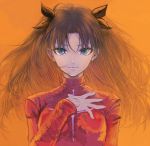  1girl black_hair blue_eyes command_spell fate/stay_night fate_(series) hair_ribbon hand_on_own_chest highres long_hair looking_at_viewer morisaki_(sakiss34) orange_background red_sweater ribbon solo tohsaka_rin turtleneck two_side_up upper_body 