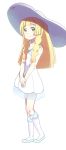  1girl bangs bare_shoulders blonde_hair blue_shoes blunt_bangs braid closed_mouth collarbone collared_dress dress eyebrows_visible_through_hair full_body green_eyes hands_together hat highres kneehighs lillie_(pokemon) long_hair pokemon pokemon_(game) pokemon_sm see-through shirogane_(seemee) shoes simple_background sleeveless sleeveless_dress smile solo standing sun_hat sundress twin_braids white_background white_dress white_hat white_legwear 