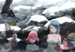  2girls bath bathing blue_hair breasts character_request closed_eyes highres long_hair multiple_girls nude onsen outdoors partially_submerged pokemon rerere rock short_hair smile snow towel tree 