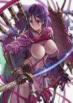  1girl arm_guards armor arrow black_gloves blue_eyes bodysuit bow_(weapon) breasts covered_navel covered_nipples elbow_gloves fate/grand_order fate_(series) fingerless_gloves floral_print fundoshi gloves holding holding_weapon japanese_armor japanese_clothes katana large_breasts long_hair looking_to_the_side minamoto_no_raikou_(fate/grand_order) purple_hair purple_shirt ribbed_sleeves rope sheath shirt solo sword tassel turtleneck very_long_hair weapon yahako 