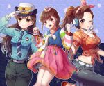  3girls alternate_costume alternate_hairstyle animal_print bag bangs belt blue_background blue_necktie blue_shirt blush braid breast_pocket breasts brown_eyes brown_hair bunny_hair_ornament bunny_print cleavage clenched_hands collarbone collared_shirt cowboy_shot cruiser_d.va d.va_(overwatch) earrings eyebrows_visible_through_hair eyeshadow facepaint facial_mark female_service_cap gloves grey_choker grey_pants hair_ornament hanbok head_scarf headphones heart holding hoop_earrings jewelry knees_together_feet_apart korean_clothes long_hair long_sleeves looking_at_viewer makeup medium_breasts midriff multiple_girls multiple_persona necktie officer_d.va one_eye_closed one_leg_raised outline overwatch palanquin_d.va pants patterned_background pink_lips pink_skirt plaid plaid_shirt pocket police police_uniform policewoman ponytail puckered_lips red_shoes salute shirt shoes short_sleeves skirt smile standing standing_on_one_leg star striped striped_necktie striped_sleeves swept_bangs tassel tight tight_pants tora_(tora_factory) uniform whisker_markings white_gloves 
