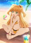  1girl akata_itsuki barefoot beach bikini blonde_hair bracelet drink eyebrows_visible_through_hair fang feet feet_together foot_hold green_eyes hands_on_feet idolmaster idolmaster_cinderella_girls indian_style jewelry jougasaki_rika layered_bikini ocean open_mouth sitting solo striped striped_bikini swimsuit toes twintails two_side_up wet yellow_bikini 