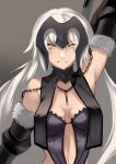  &gt;:) 1girl arm_up armpits bangs bare_shoulders breasts bustier chains cleavage fate/grand_order fate_(series) grin headpiece highres jeanne_alter karlwolf long_hair looking_at_viewer medium_breasts ruler_(fate/apocrypha) smile solo upper_body white_hair yellow_eyes 