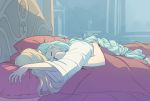  2girls aqua_(fire_emblem_if) artist_name bed_frame blanket blue_background blue_hair blush closed_eyes female_my_unit_(fire_emblem_if) fire_emblem fire_emblem_if highres jewelry long_hair long_sleeves messy_hair multiple_girls my_unit_(fire_emblem_if) pillow pointy_ears ring sleeping spaghetti_strap ticcy under_covers very_long_hair yuri 