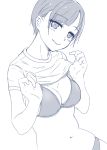  1girl bangs bikini blush breasts cleavage closed_mouth eyebrows_visible_through_hair greyscale hi_iro lifted_by_self lineart looking_at_viewer medium_breasts monochrome navel original shirt shirt_lift short_hair short_sleeves simple_background smile solo solvalou swimsuit t-shirt upper_body very_short_hair 