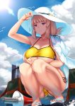  1girl bag bikini blush breast_hold breasts cleavage clouds collarbone day fate/grand_order fate_(series) feet florence_nightingale_(fate/grand_order) frown hair_ribbon hat highres hitotsuki_nebura holding jacket_on_shoulders large_breasts long_hair megaphone pink_hair red_eyes ribbon sandals shoulder_bag sidelocks sky solo squatting swimsuit test_tube toes under_boob yellow_bikini 