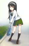  1girl 3: a1 bag black_hair black_legwear brown_eyes brown_shoes bush collarbone commentary_request eyebrows_visible_through_hair full_body girls_und_panzer green_skirt hairband holding_bag kneehighs leaning_to_the_side loafers long_sleeves looking_at_viewer ooarai_school_uniform parted_lips pleated_skirt reizei_mako school_bag shirt shoes skirt solo squinting standing white_shirt 