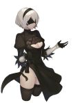  1girl black_dress blindfold breasts cleavage cleavage_cutout dress feather-trimmed_sleeves hairband highres leotard leotard_under_clothes nandade9 nier_(series) nier_automata parted_lips short_hair side_slit silver_hair simple_background solo thigh-highs upper_body yorha_no._2_type_b 
