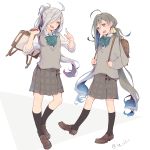  2girls ahoge alternate_costume asashimo_(kantai_collection) backpack bag black_legwear blue_hair bow bowtie colis full_body green_bow green_neckwear grey_eyes grey_hair grey_skirt grey_sweater hair_between_eyes hair_bun hair_over_one_eye kantai_collection kiyoshimo_(kantai_collection) kneehighs loafers long_hair low_twintails multicolored_hair multiple_girls plaid plaid_skirt pleated_skirt ponytail school_bag school_uniform shoes silver_hair simple_background skirt sleeves_pushed_up standing sweater sweater_vest twintails twitter_username upper_teeth very_long_hair white_background 