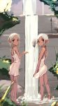  2girls bare_legs bare_shoulders barefoot commentary dark_skin day dress elf highres long_hair looking_at_viewer looking_back maze_(gochama_ze_gohan) multiple_girls nature original outdoors outstretched_hand pointy_ears red_eyes sundress water waterfall white_dress white_hair 