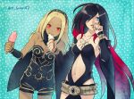  2girls bare_shoulders black_hair blonde_hair blue_eyes breasts crow_(gravity_daze) dark_skin detached_sleeves food gravity_daze hair_over_one_eye hairband ice_cream ice_cream_cone kitten_(gravity_daze) leotard long_hair looking_at_viewer medium_breasts multicolored_hair multiple_girls nail_polish navel open_mouth red_eyes redhead scarf smile solo strapless two-tone_hair vambraces 