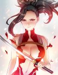  1girl absurdres arm_at_side bare_shoulders black_hair blush boku_no_hero_academia breasts center_opening closed_mouth floating_hair highres holding holding_sword holding_weapon katana large_breasts long_hair looking_at_viewer navel no_bra patreon_reward pink_lady_mage ponytail red_eyes solo sword torn_clothes weapon yaoyorozu_momo 