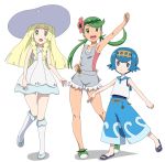  3girls :d arm_up armpits bangs bare_shoulders blonde_hair blue_eyes blue_hair blue_pants blue_sailor_collar blue_shoes blunt_bangs braid bright_pupils capri_pants clenched_hands closed_mouth collared_dress commentary_request dress flower full_body green_eyes green_hair green_hairband green_shoes hair_flower hair_ornament hat kneehighs lillie_(pokemon) long_hair looking_at_viewer mallow_(pokemon) multiple_girls no_legwear one-piece_swimsuit open_mouth overalls pants pink_shirt pocket pokemon pokemon_(game) pokemon_sm ribonzu sailor_collar sandals shirt shoes short_hair simple_background sleeveless sleeveless_dress sleeveless_shirt smile standing standing_on_one_leg strapless suiren_(pokemon) sun_hat sundress swimsuit swimsuit_under_clothes teeth trial_captain tubetop twin_braids twintails white_background white_dress white_legwear yellow_hairband 