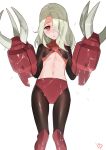  1girl blonde_hair breasts claws gundam highres long_hair looking_at_viewer mecha midriff mobile_suit_gundam navel one_eye_covered personification red_eyes solo under_boob weapon wet yang-do z&#039;gok 