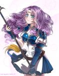  1girl armor blue_eyes breastplate curly_hair elbow_gloves fingerless_gloves fire_emblem fire_emblem:_rekka_no_ken gloves halberd highres holding holding_weapon long_hair looking_at_viewer pauldrons polearm purple_hair simple_background skirt smile solo tempe weapon 