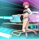  1girl :d a1 ass bikini blush breasts brown_eyes brown_hair eyebrows_visible_through_hair from_behind full_body girls_und_panzer ground_vehicle head_tilt high_heels kneeling looking_back medium_breasts military military_vehicle motor_vehicle neon_lights nishizumi_miho open_mouth pink_shoes shoes short_hair side-tie_bikini smile solo swimsuit tank 