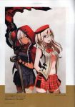  2girls absurdres alisa_ilinichina_amiella arms_behind_back bandage beret black_gloves boots braid breasts cloak collarbone dark_skin dress gloves god_eater god_eater_2:_rage_burst hat highres holding holding_weapon hood hooded_cloak livie_collet long_hair looking_at_viewer medium_breasts midriff miniskirt multiple_girls navel official_art open_mouth scan scythe short_dress sideboob silver_hair single_braid skirt smile thigh-highs thigh_boots weapon white_hair white_legwear zettai_ryouiki 