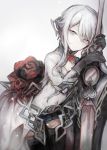  1girl armor armored_dress breasts flower gloves grey_eyes hasunokaeru highres holding holding_sword holding_weapon looking_at_viewer pale_skin rose silver_hair simple_background sinoalice skirt snow_white_(sinoalice) solo sword thigh-highs weapon 