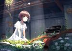  1girl blue_eyes blush brown_hair butterfly car commentary eyebrows_visible_through_hair flower ground_vehicle looking_at_viewer makadamixa moss motor_vehicle original overgrown parking_garage parted_lips pipes rock ruins seiza short_hair short_sleeves signature sitting solo sunlight 