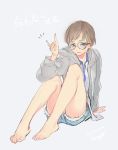  androgynous bare_legs barefoot blue_eyes dated denim denim_shorts elbow_on_knee fox_shadow_puppet glasses grey_background grey_hair grey_jacket highres light_smile long_sleeves looking_at_viewer miri_nanase original short_hair short_shorts shorts signature simple_background sitting sketch solo 