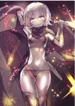  1girl assassin_of_black blade breasts fate/apocrypha fate_(series) highres hips knife knife_in_mouth looking_at_viewer midriff navel short_hair silly_(marinkomoe) silver_hair small_breasts solo thighs 