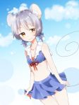 1girl abe_suke alternate_hairstyle animal_ears bare_shoulders blue_skirt blue_sky clouds collarbone commentary_request cowboy_shot grey_hair hair_ribbon light_smile looking_at_viewer low_twintails mouse_ears nazrin ribbon short_hair short_twintails skirt sky solo stomach tail thigh_gap touhou twintails yellow_eyes