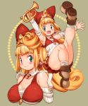  2girls :d alternate_breast_size arm_warmers blonde_hair blush breasts brown_shoes dual_persona earrings flat_chest flipped_hair green_eyes hat instrument jewelry kneepits kururu_(little_princess) large_breasts leg_up little_princess long_hair looking_at_viewer marl_kingdom multiple_girls open_mouth red_hat shiny shiny_skin shoes smile socks star trumpet yu_3 