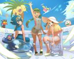  +++ 3girls ;d alola_form alolan_exeggutor arm_up armpits balcony bangs bare_arms bare_shoulders bean_bag_chair blonde_hair blue_eyes blue_hair blue_pants blue_ribbon blue_sailor_collar blue_sky blunt_bangs bounsweet braid breasts bright_pupils capri_pants chair closed_mouth clouds commentary_request dark_skin day dress eden_(edenaldojj) eyebrows_visible_through_hair flower from_behind green_eyes green_hair green_hairband green_shoes hair_flower hair_ornament hairband hand_rest hat hat_ribbon highres kneehighs light_particles lillie_(pokemon) litten long_hair looking_at_viewer looking_back mallow_(pokemon) multiple_girls one-piece_swimsuit one_eye_closed open_mouth outdoors overalls pants pink_shirt pokemon pokemon_(creature) pokemon_(game) pokemon_sm popplio ribbon rowlet sailor_collar see-through shirt shoes short_hair sitting sky sleeping sleeveless sleeveless_dress sleeveless_shirt small_breasts smile standing strapless suiren_(pokemon) sun_hat sundress swimsuit swimsuit_under_clothes teeth trial_captain tubetop twin_braids twintails waving white_dress white_hat white_legwear white_shirt white_shoes wooden_floor yellow_hairband zzz 