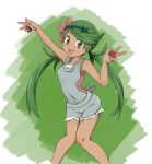  1girl :d armpits bangs bare_arms bare_shoulders breasts collarbone covered_navel cowboy_shot flower green_eyes green_hair green_hairband hair_flower hair_ornament hino_(nanasamib) holding holding_poke_ball knees_together_feet_apart long_hair looking_at_viewer mallow_(pokemon) open_mouth overalls pink_shirt pocket poke_ball pokemon shirt sleeveless sleeveless_shirt small_breasts smile solo standing strapless swept_bangs trial_captain tubetop twintails two-tone_background 