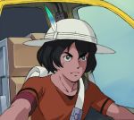 1girl a1 black_hair blue_eyes bucket_hat chair closed_mouth collarbone copyright_request frown hat hat_feather kaban_(kemono_friends) kemono_friends red_shirt seatbelt shirt short_hair short_sleeves sitting solo 