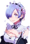  1girl blue_eyes blue_hair bow breasts cleavage detached_sleeves hair_ornament hair_over_one_eye heart highres maid maid_headdress medium_breasts pink_ribbon re:zero_kara_hajimeru_isekai_seikatsu rem_(re:zero) ribbon ribbon-trimmed_sleeves ribbon_trim rin2010 short_hair smile solo underbust upper_body x_hair_ornament 